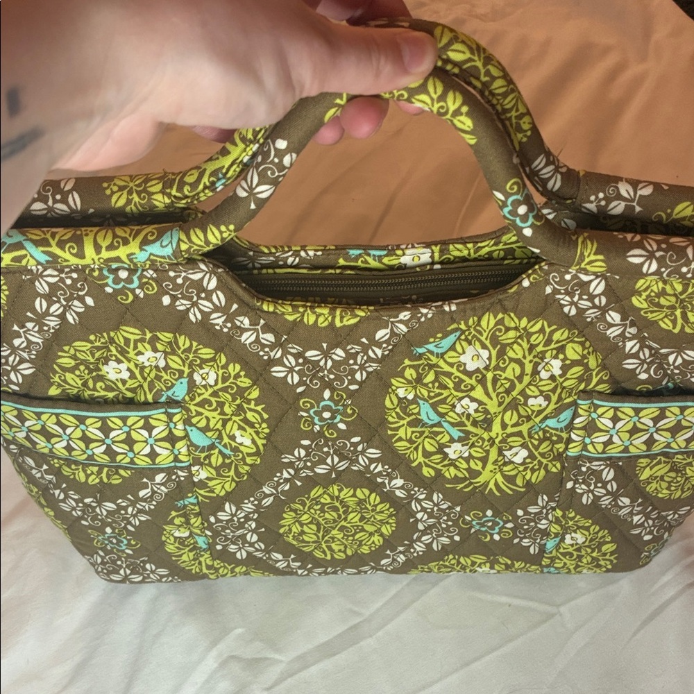 Vera Bradley Short Handle Bag Brown and Olive Green Zip Close EUC - Picture 15 of 15
